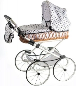 Children's Retro Pram Monika made of wicker – white with polka dots, adjustable handle