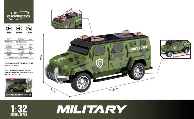 Militaire auto met licht- en geluidseffecten 16,5 cm