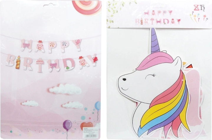 Papieren verjaardingsslinger Happy Birthday met eenhoorn