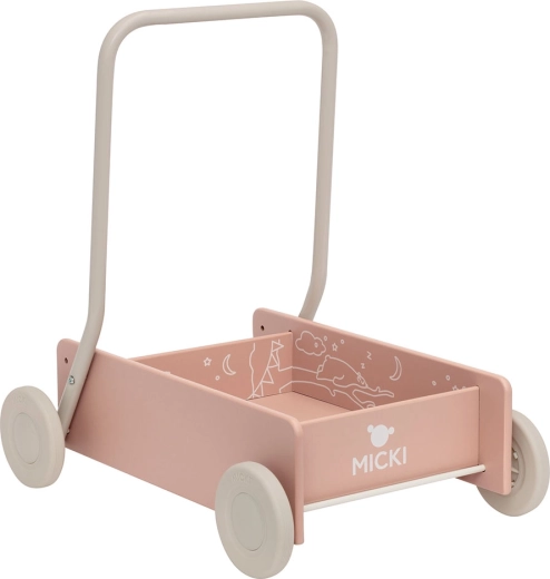 Micki pink wooden baby walker with toy cart
