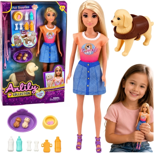 Poupée fashion Anlily avec chien et chiots, set de soins pour animaux 30 cm