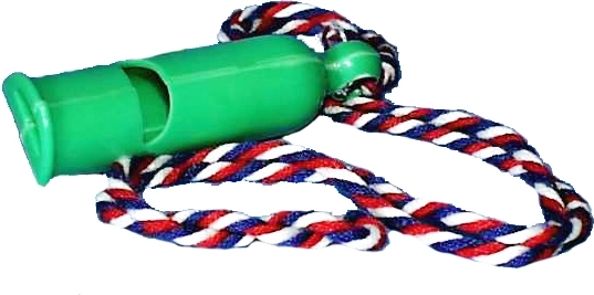 Signaalfluit van kunststof met nekkoord, 7 cm, mix van 4 kleuren, 50 stuks in box