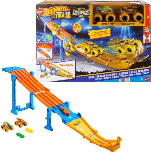 Hot Wheels Monster Trucks 2-in-1 racing track Dual Terrain Raceway + 2 monster trucks