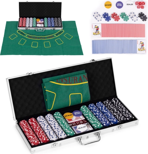 Poker and Blackjack Set – 500 Chips, 2 Decks of Cards, Dice, Playing Mat, Lockable Briefcase