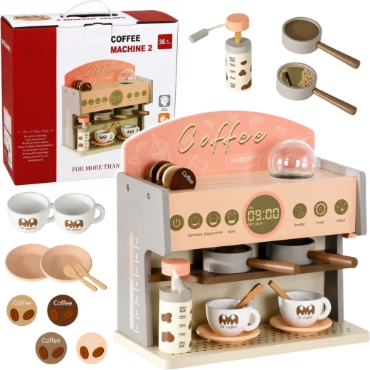 Houten kinder-koffiemachine – baristaset met accessoires (roze)