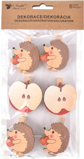 Decorative wooden pegs hedgehog and apple, 6 pcs, 4 cm