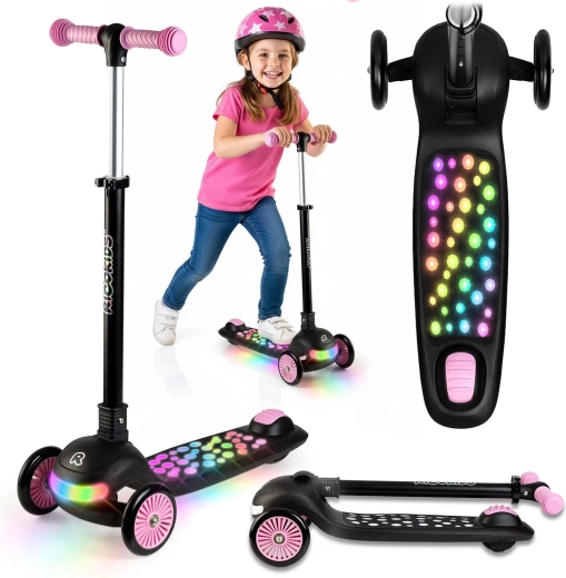 Trottinette d’équilibre tricycle pour enfants avec éclairage LED Ricokids Glowi – noir‑rose