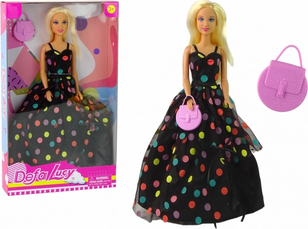 DEFA LUCY Doll in a Long Black Dress with Colorful Polka Dots
