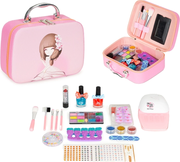 Children's makeup set in a carry case with mirror and UV LED lamp
