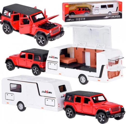 terreinwagen met caravan met licht en geluid, schaal 1:32