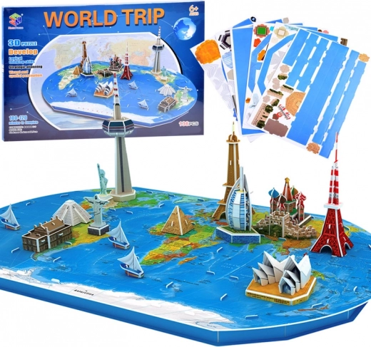 3D puzzle world map with the most famous landmarks