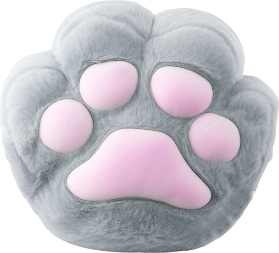 Plush paw-shaped pillow with hand pocket, gray 40 cm