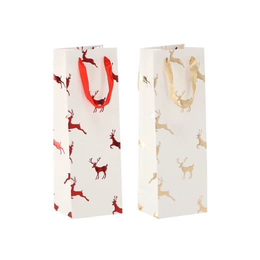 Kerstcadeautas voor wijn met rendieren, satijnen handgrepen