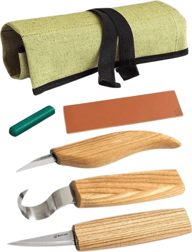 BeaverCraft set voor het snijden van lepels en kommen met accessoires (3 messen in een rol-etui)
