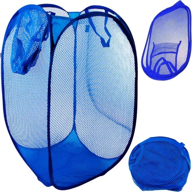Foldable mesh laundry basket with pocket, 40 l, blue