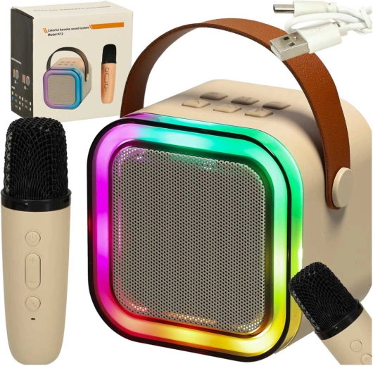 Karaoke-Set Mikrofon + tragbarer Lautsprecher BLUETOOTH USB LED beige