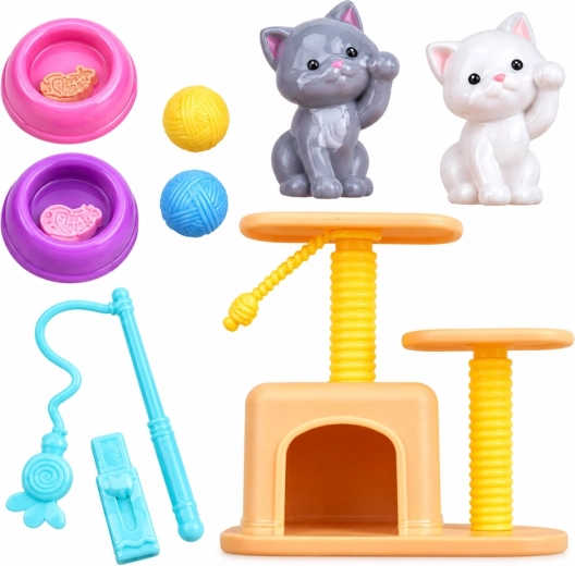 Cat corner: 2 kittens, scratching post and bowls
