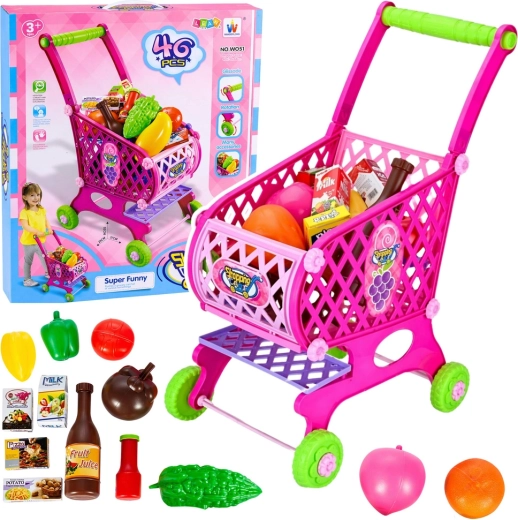 Pink children's shopping cart with groceries, 46 pieces, 52 cm