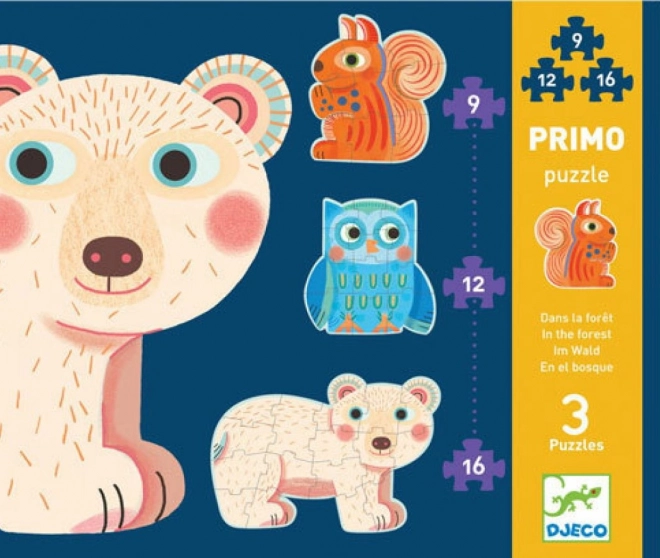 DJECO Puzzle Im Wald 3-in-1 – Tierumrisse für Kinder (9, 12, 16 Teile)