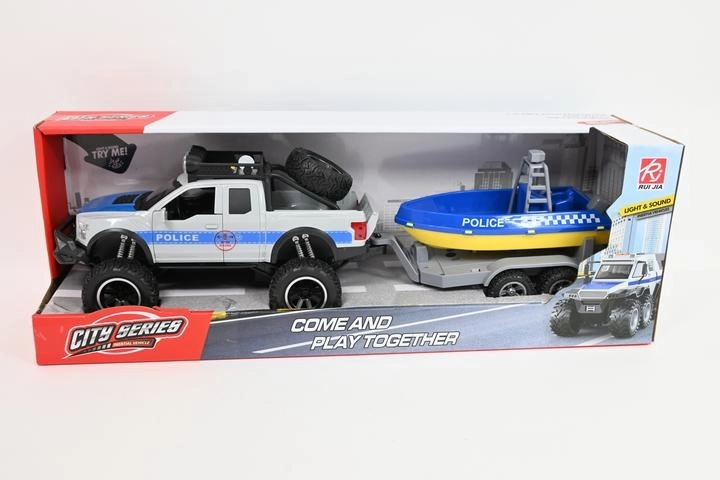 Politie-terreinwagen met aanhanger en reddingsboot met licht en geluid