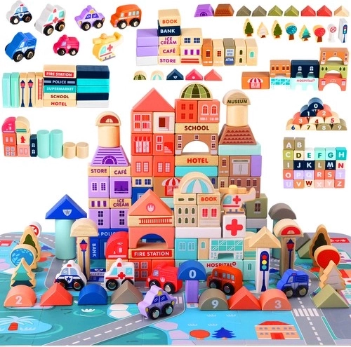 Ville en bois kit de construction 115 pièces avec tapis puzzle KRUZZEL