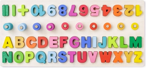 Houten educatieve plank met letters en cijfers + wiskundige symbolen