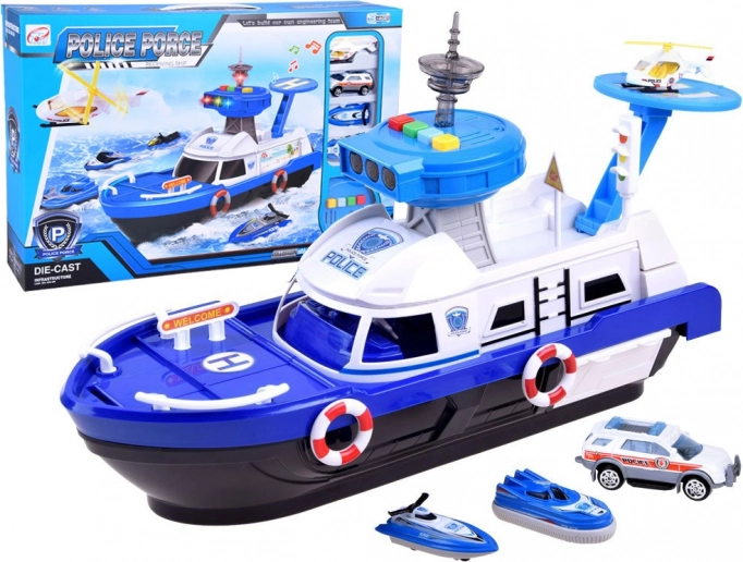 police boat with helipad and vehicles – play set