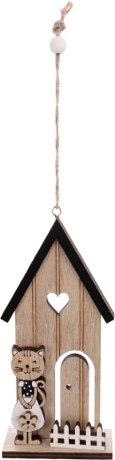Décoration suspendue en bois – petite maison avec chat, beige