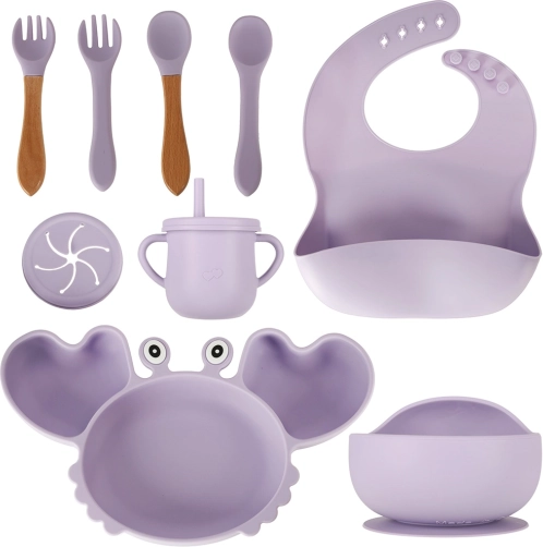 Silicone dining set for kids with crab, 9-piece – Purple