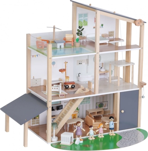 wooden dollhouse with elevator and rooftop terrace