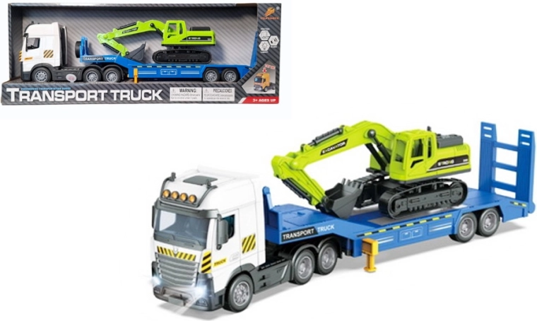 Camion de transport avec remorque et pelle sur chenilles avec lumière et sons