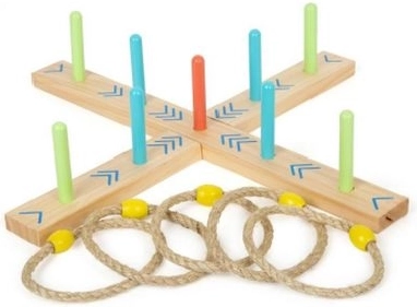 Wooden ring toss game (throwing rings onto pegs)