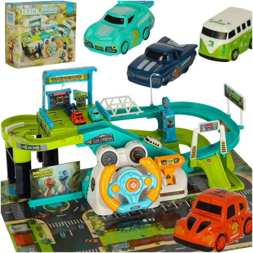 Interactive racing car track with steering wheel and elevator