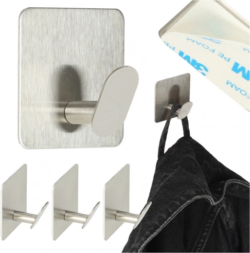 Self-adhesive metal wall hooks, silver, set of 4