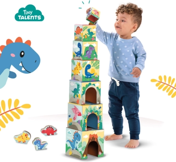 Toren van 7 blokken met vrolijke dinosaurusillustraties