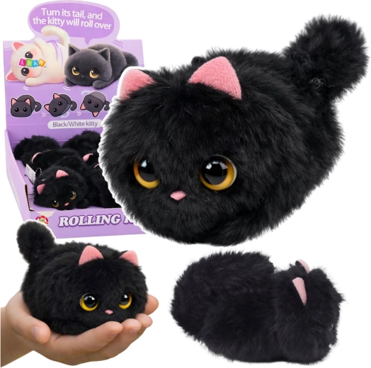 Plush black kitten with spinning tail and squeaker, keychain 9 cm