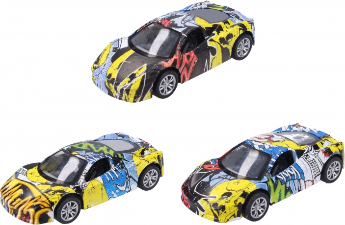 Metalen auto met graffiti 9 cm met terugtrekmotor