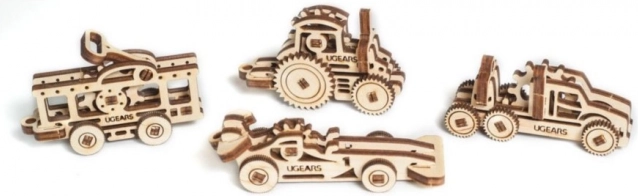 Ugears 3D houten mechanische puzzel – set van 4 voertuig-hangers