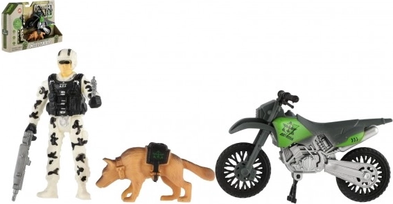 Militaire actieset met motor, soldaat en hond