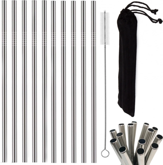 Set of 10 Reusable Stainless Steel Straws with Cleaning Brush and Pouch