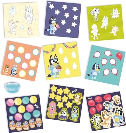 6 cartes Bluey et plein de formes colorées