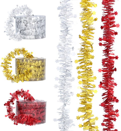 Christmas tinsel garland with stars 7 m – red, gold and silver