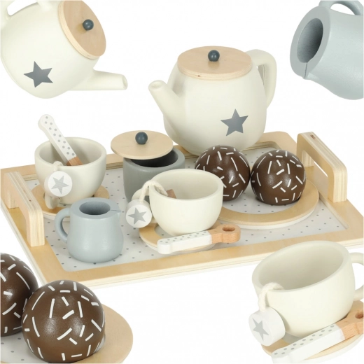 Wooden tea set for kids with tray and cups