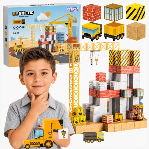 Woopie Magnetic Blocks 165 pcs – Construction Site Building Set with Crane and Excavator 3D