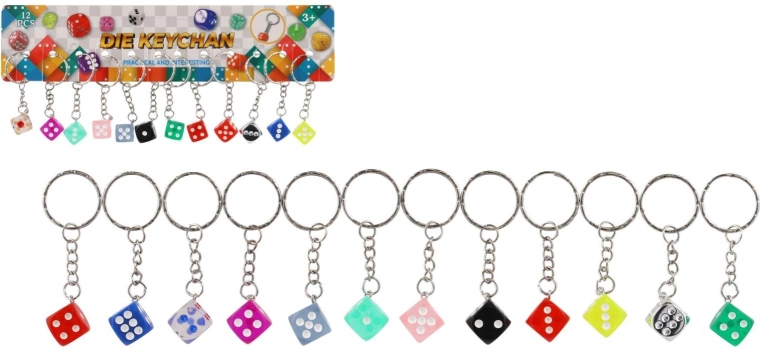 Porte-clés – dé 7 cm, assortiment de couleurs (12 pcs)