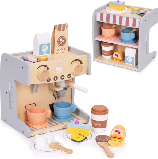 Cafetière en bois pour enfants 2-en-1 avec café et 26 accessoires ECOTOYS