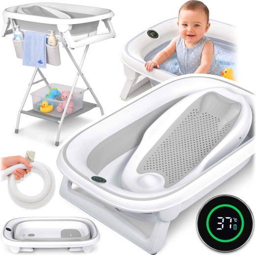 Nukido foldable baby bathtub with stand, thermometer and newborn insert, white-grey