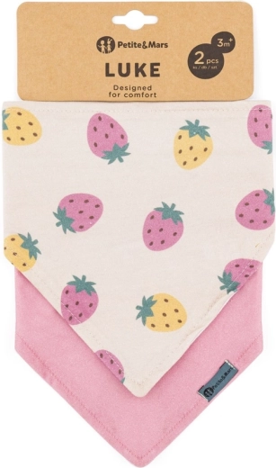 Petite&Mars Luke bandana bib, 2 pcs, beige strawberries & dusty rose