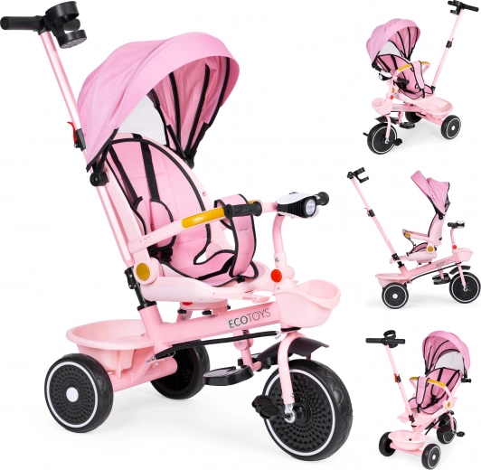 Children's Tricycle 2-in-1 with Rotating Seat and Folding Canopy, Pink ECOTOYS
