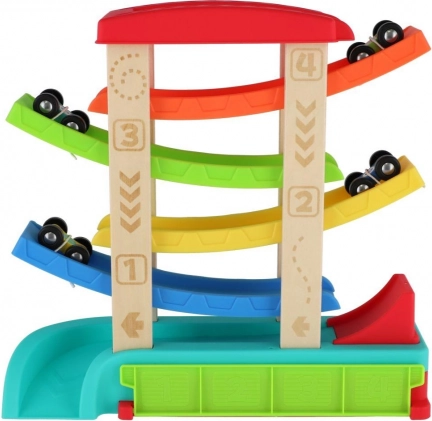 Cascade racing track for toy cars with 4 cars, wood and plastic, 33 × 32 × 10 cm